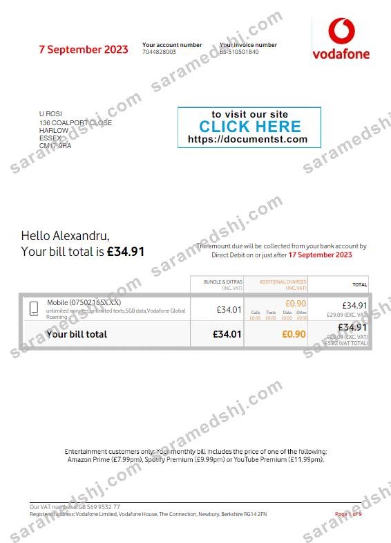 UNITED KINGDOM VODAFONE utility bill Word and PDF template